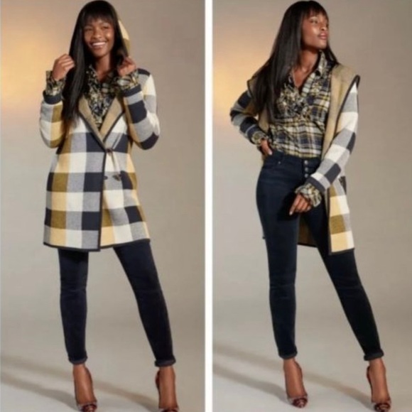 CAbi Sweaters - CAbi Buffalo Plaid Blue Yellow Cream Asymmetrical Long Cardigan Sweater Jacket M